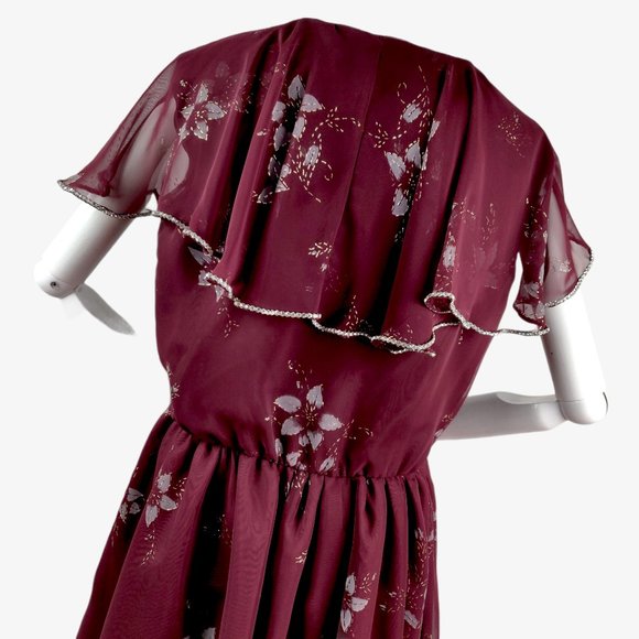 Vintage 1970s Romantic Sheer Ruffle Dress Burgundy Floral Rhinestone Trim Disco - Picture 9 of 12
